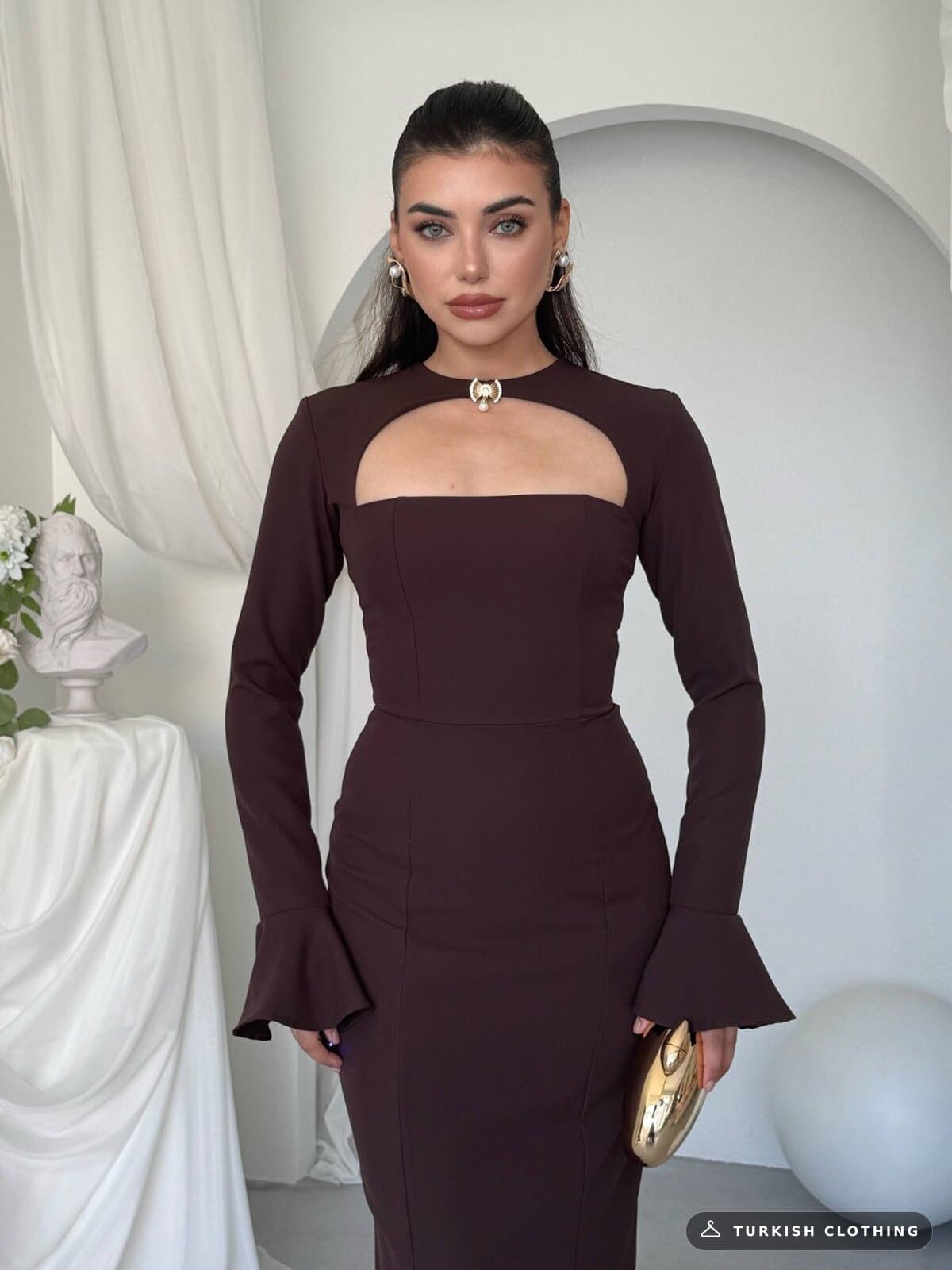 Oplsa Brooch Detailed Dress — Brown in Satin – close-up detail, wholesale Women's Dresses from Türkiye