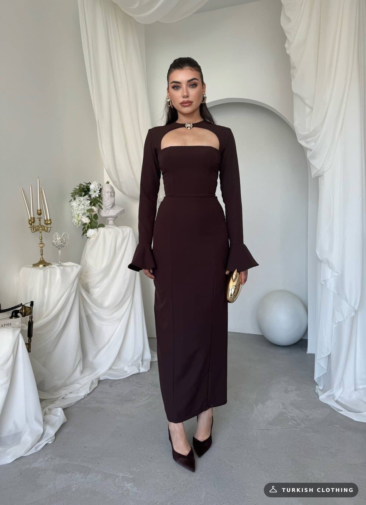 Oplsa Brooch Detailed Dress — Brown in Satin – flat lay, wholesale Women's Dresses from Türkiye
