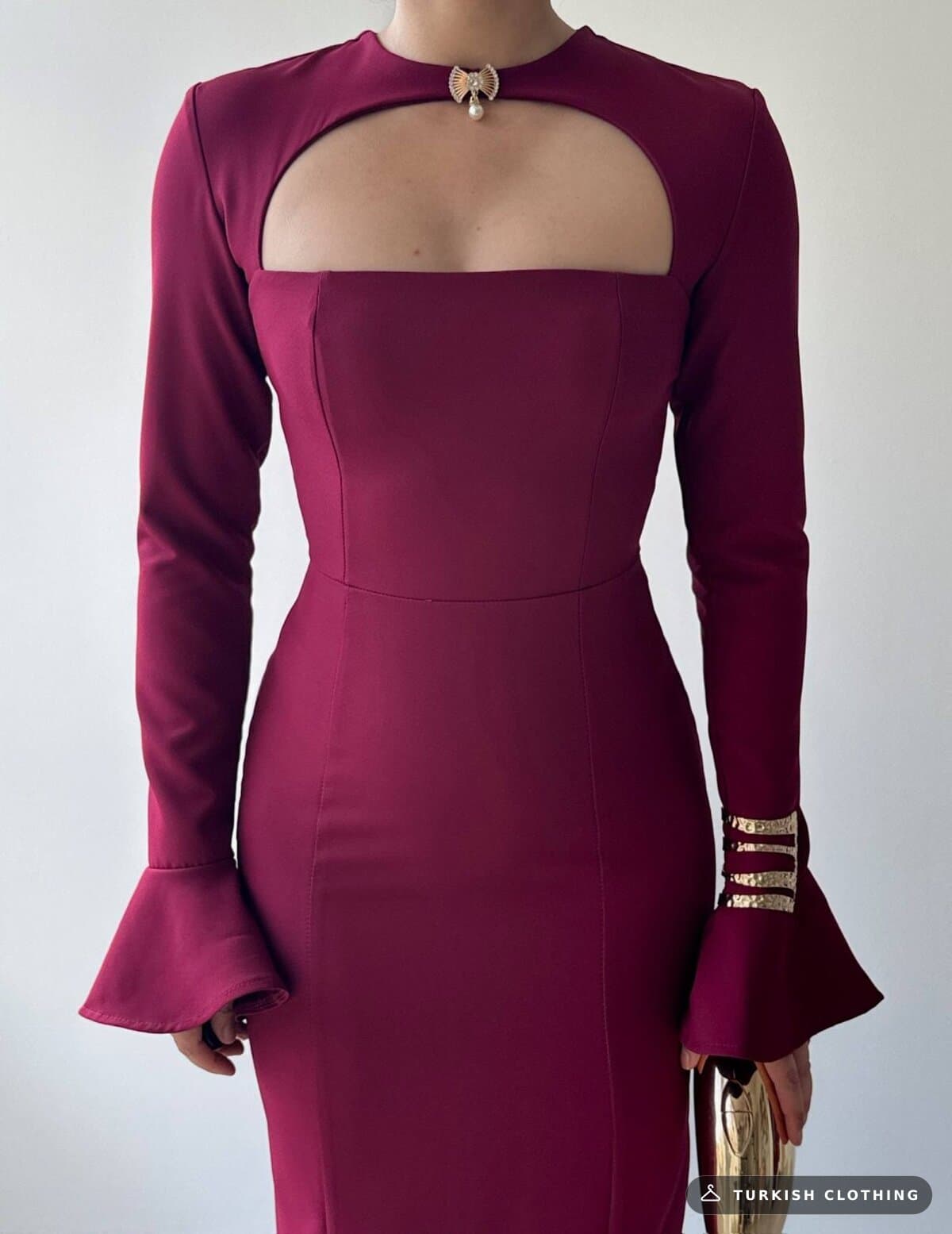 Oplsa Brooch Detailed Dress — Burgundy in Satin – full-length view, wholesale Women's Dresses from Türkiye
