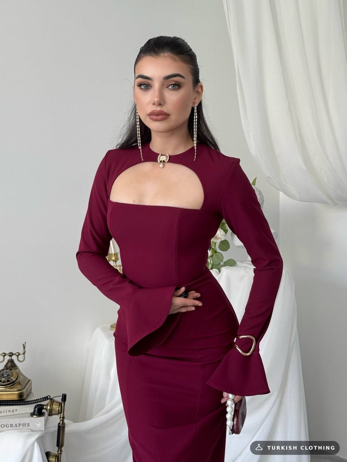 Oplsa Brooch Detailed Dress — Burgundy in Satin – back view, wholesale Women's Dresses from Türkiye