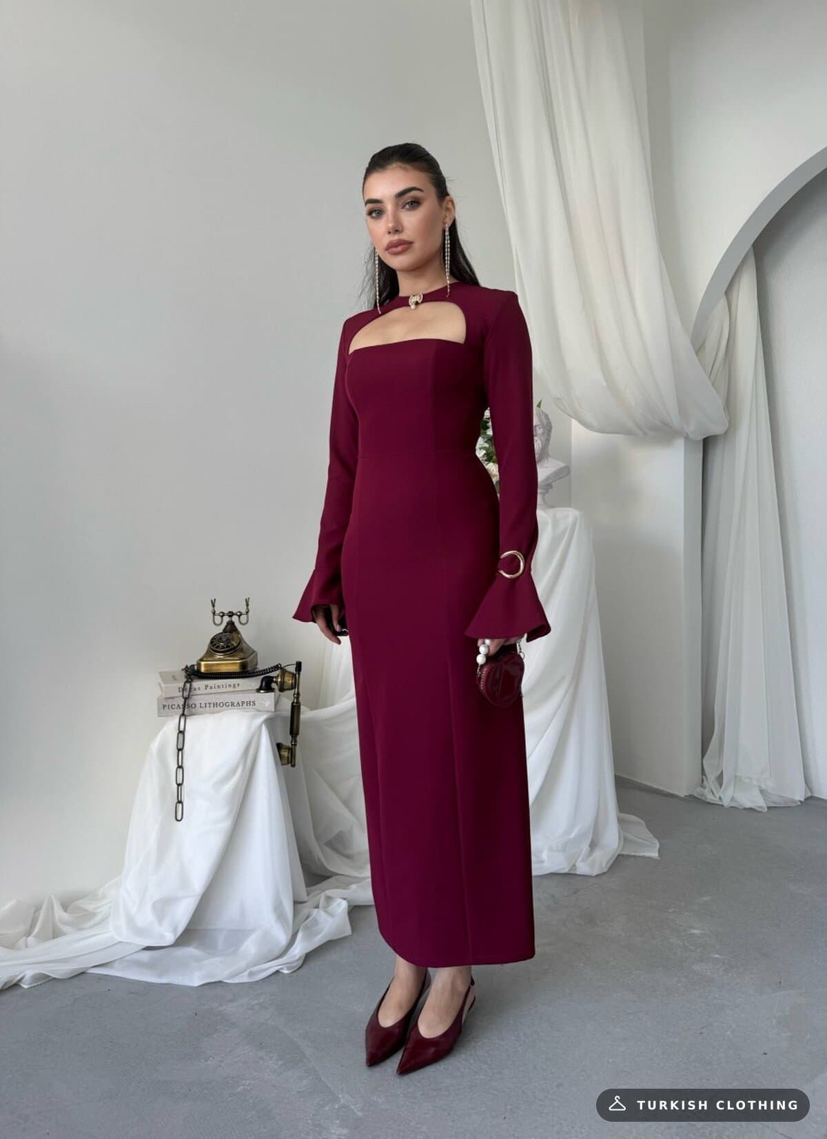Oplsa Brooch Detailed Dress — Burgundy in Satin – flat lay, wholesale Women's Dresses from Türkiye