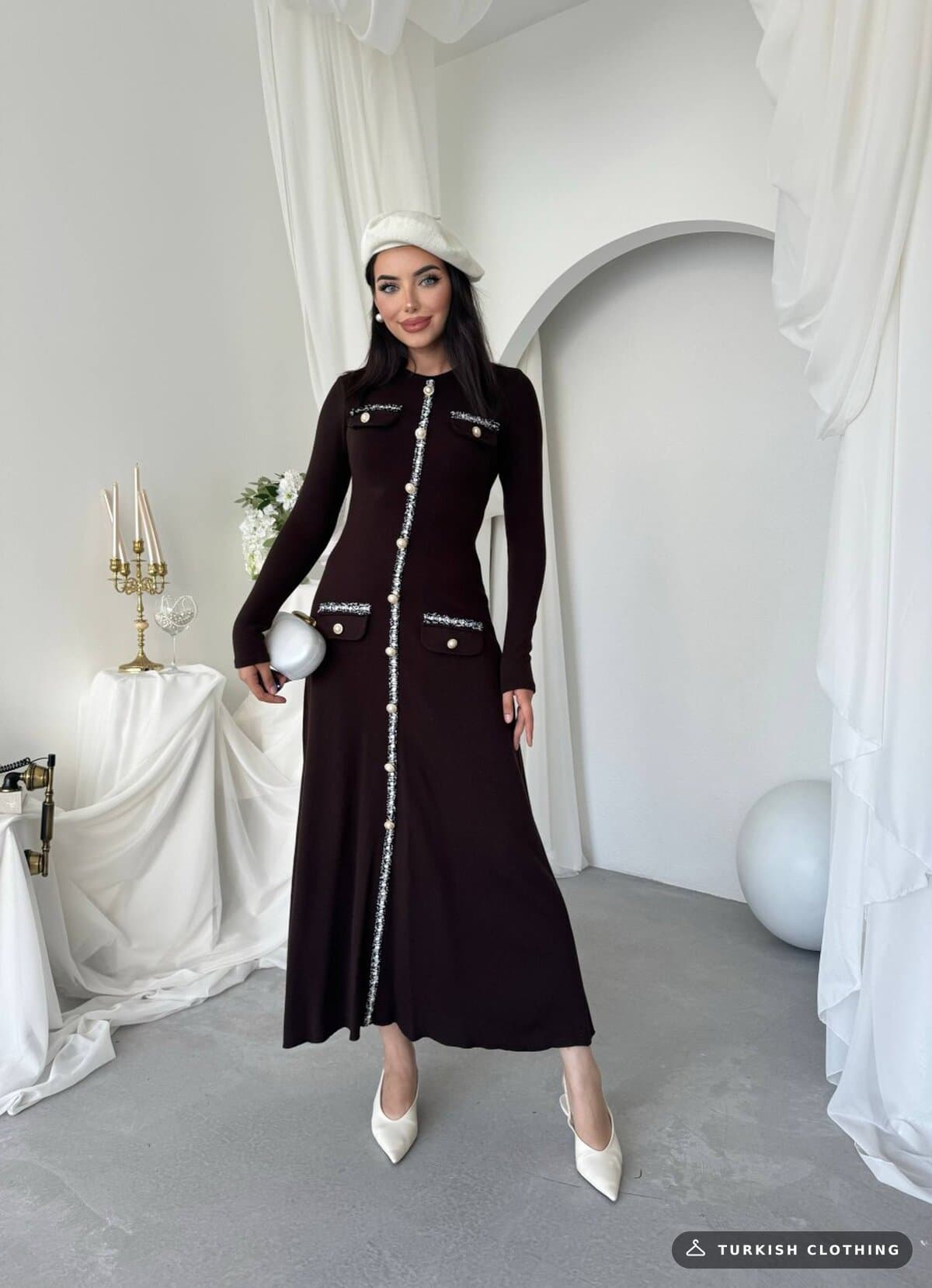 Orla Button Detailed Dress — Brown in Poplin – fabric detail, wholesale Women's Dresses from Türkiye