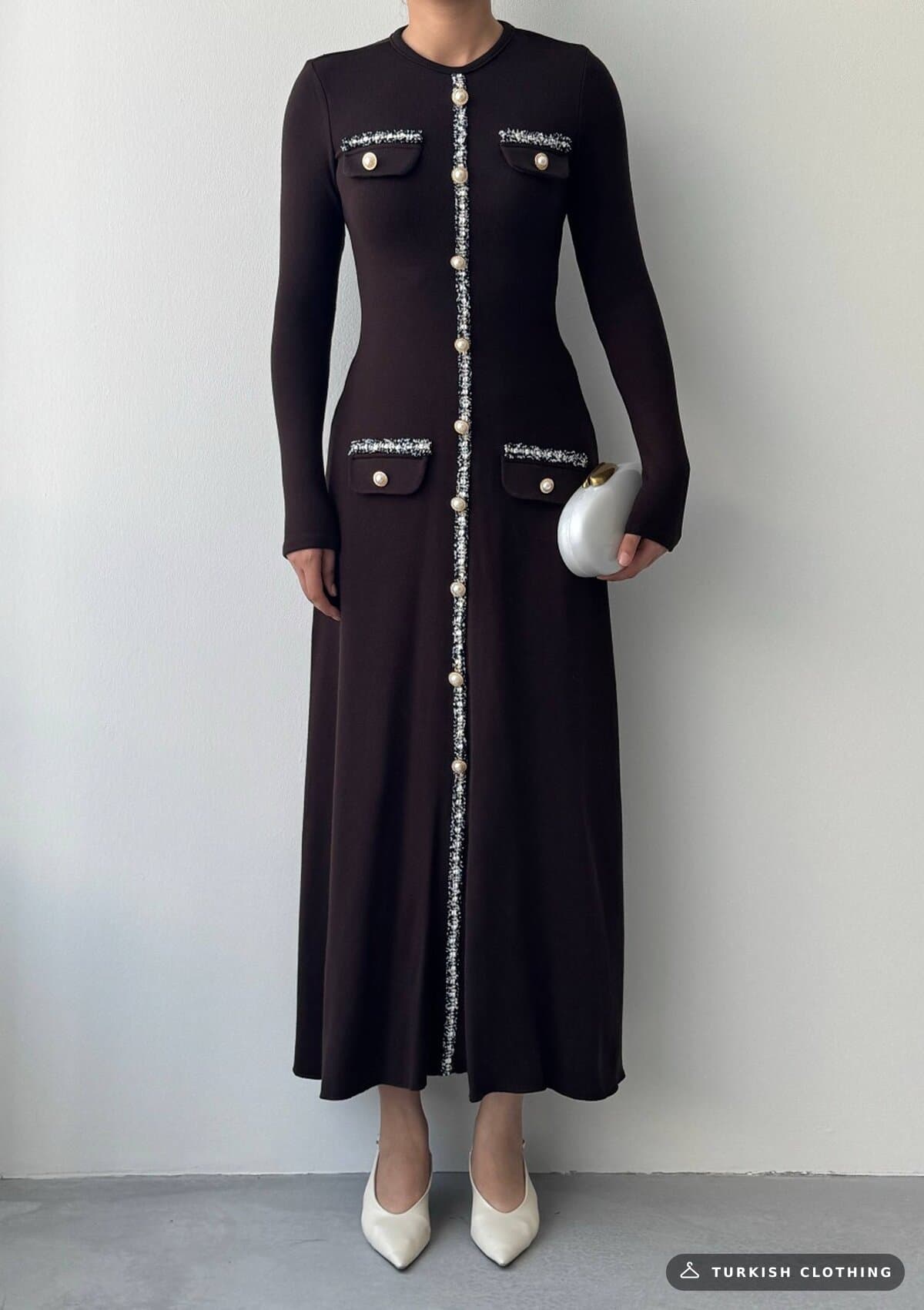 Orla Button Detailed Dress — Brown in Poplin – full-length view, wholesale Women's Dresses from Türkiye