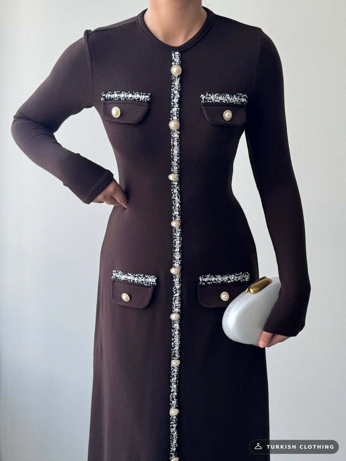 Orla Button Detailed Dress — Brown in Poplin – side view, wholesale Women's Dresses from Türkiye