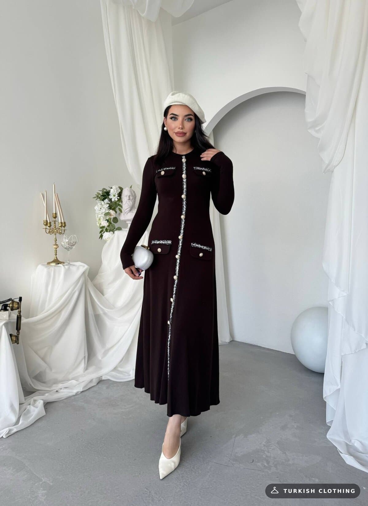 Orla Button Detailed Dress — Brown in Poplin – back view, wholesale Women's Dresses from Türkiye
