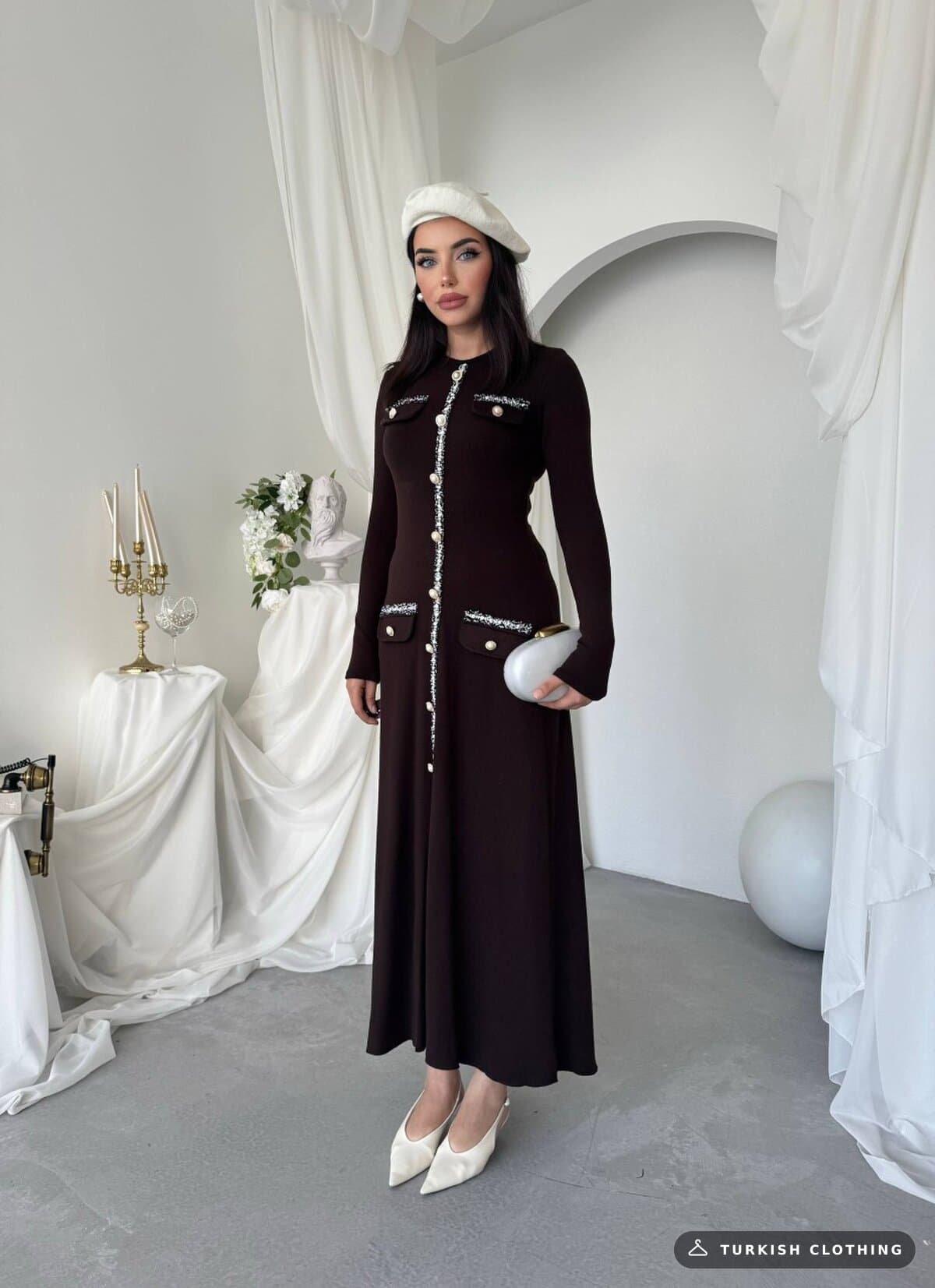Orla Button Detailed Dress — Brown in Poplin – flat lay, wholesale Women's Dresses from Türkiye