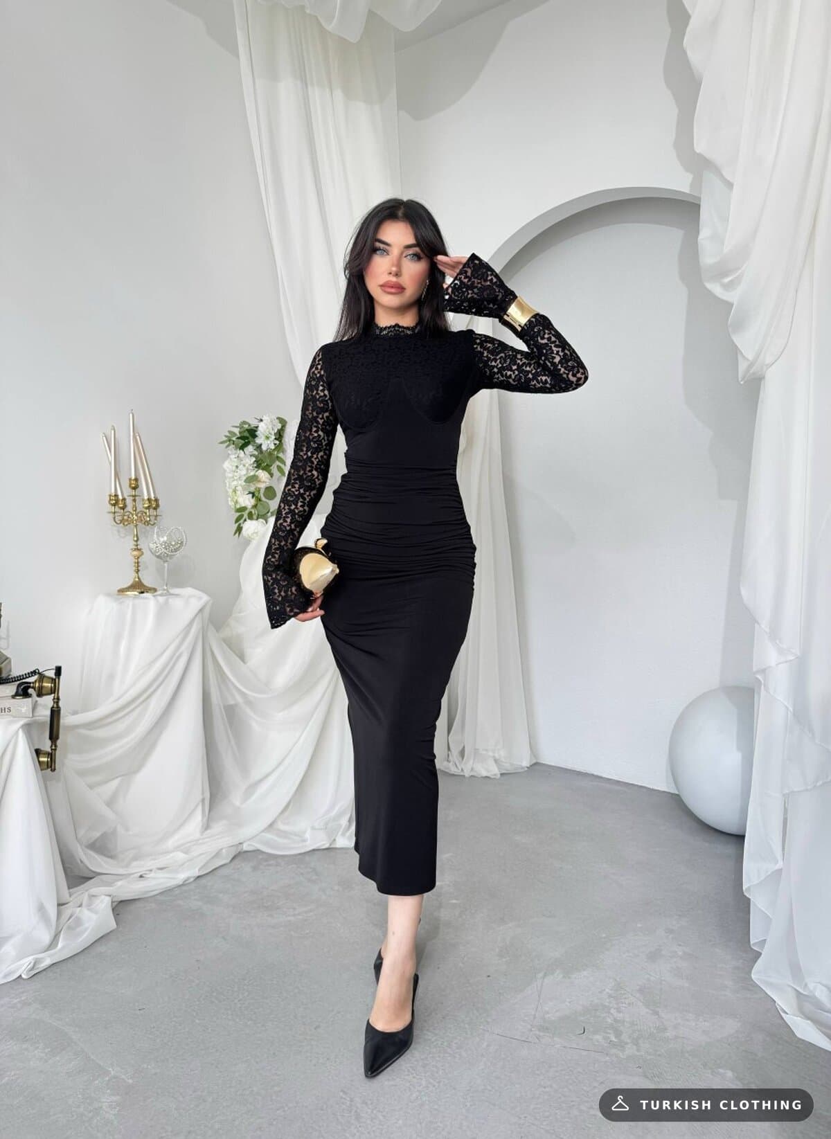 Whereas Midi Dress — Black in Lace – styling detail, wholesale Women's Dresses from Türkiye