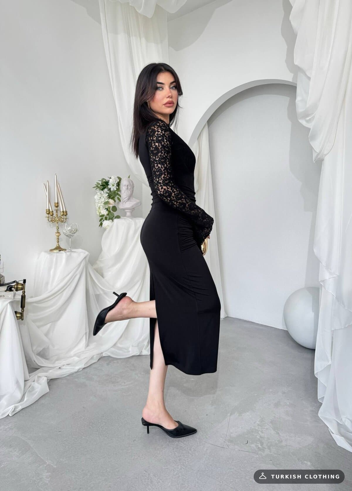 Whereas Midi Dress — Black in Lace – flat lay, wholesale Women's Dresses from Türkiye
