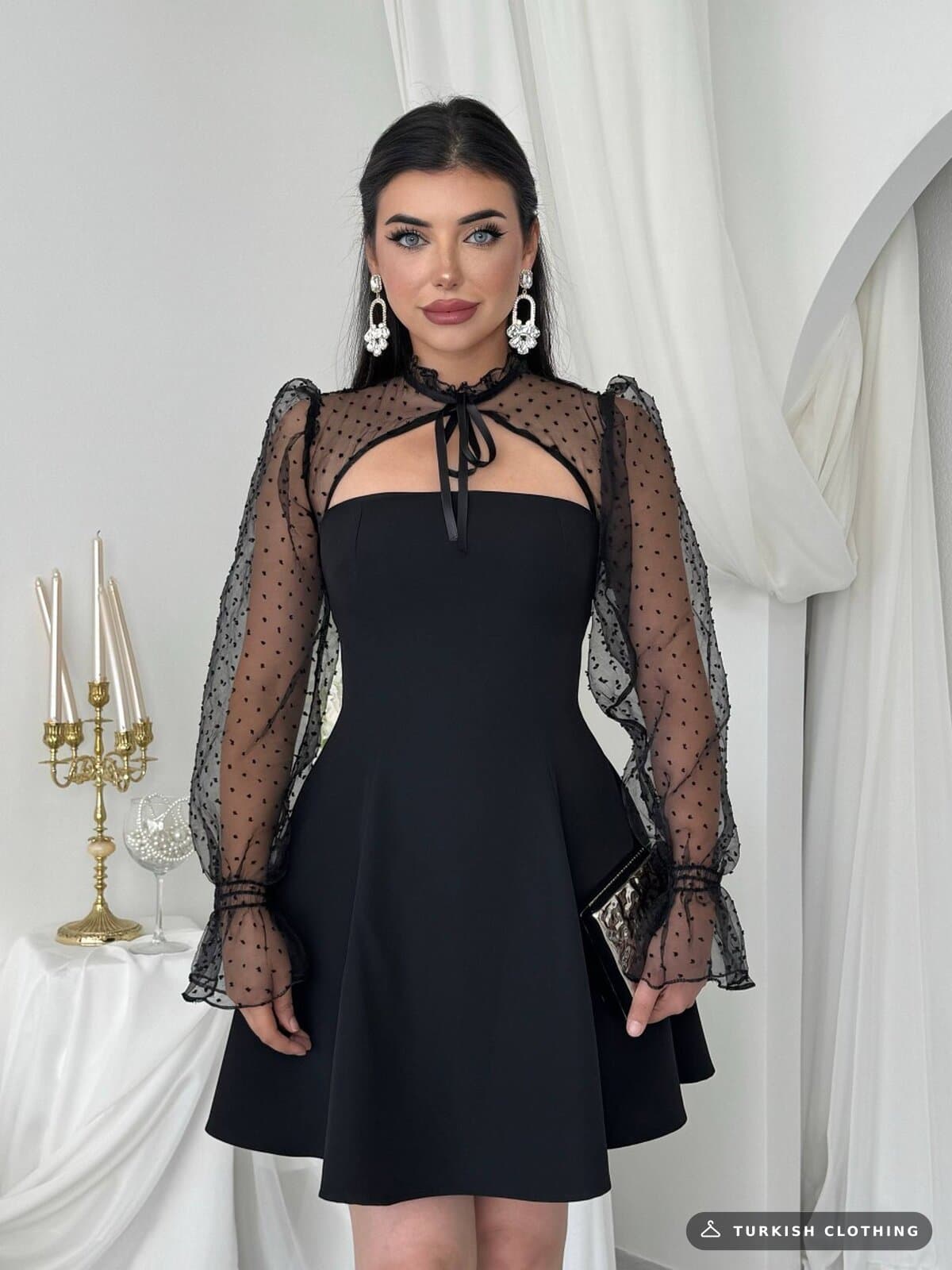 Poges Mini Dress — Black in Satin - tulle – back view, wholesale Women's Dresses from Türkiye