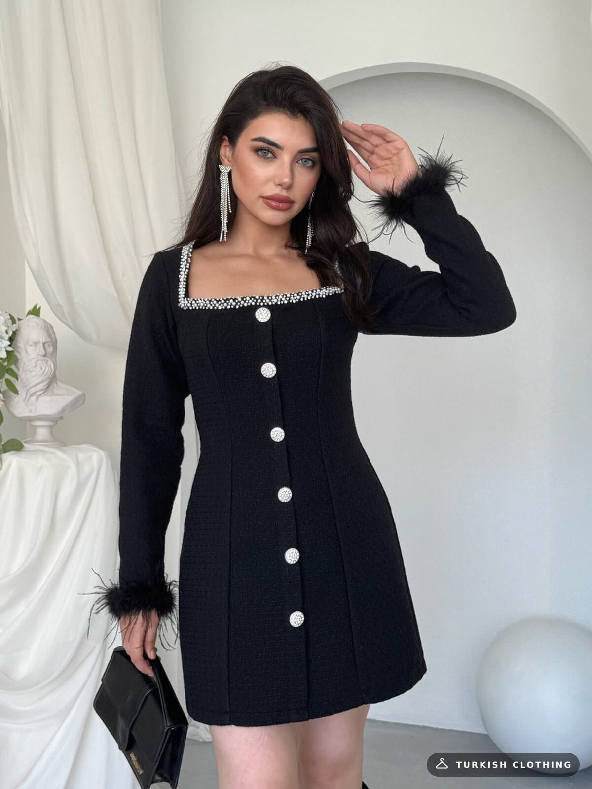 Poner Button Detailed Dress — Black in Chanel – fabric detail, wholesale Women's Dresses from Türkiye