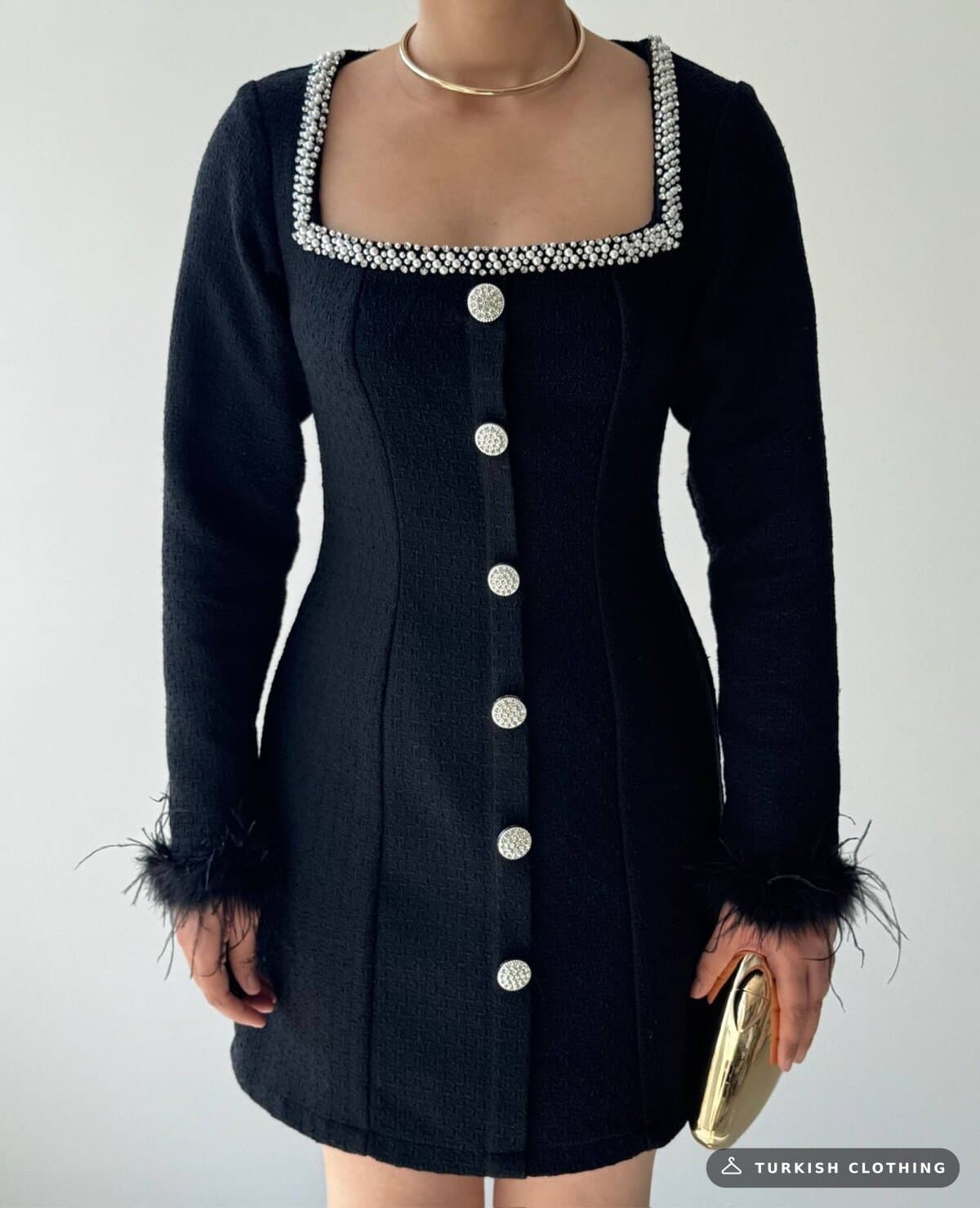 Poner Button Detailed Dress — Black in Chanel – full-length view, wholesale Women's Dresses from Türkiye