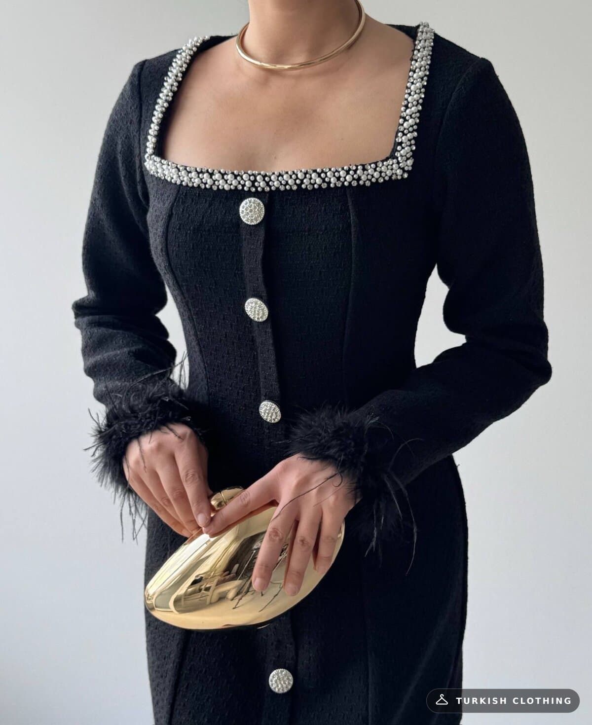 Poner Button Detailed Dress — Black in Chanel – side view, wholesale Women's Dresses from Türkiye