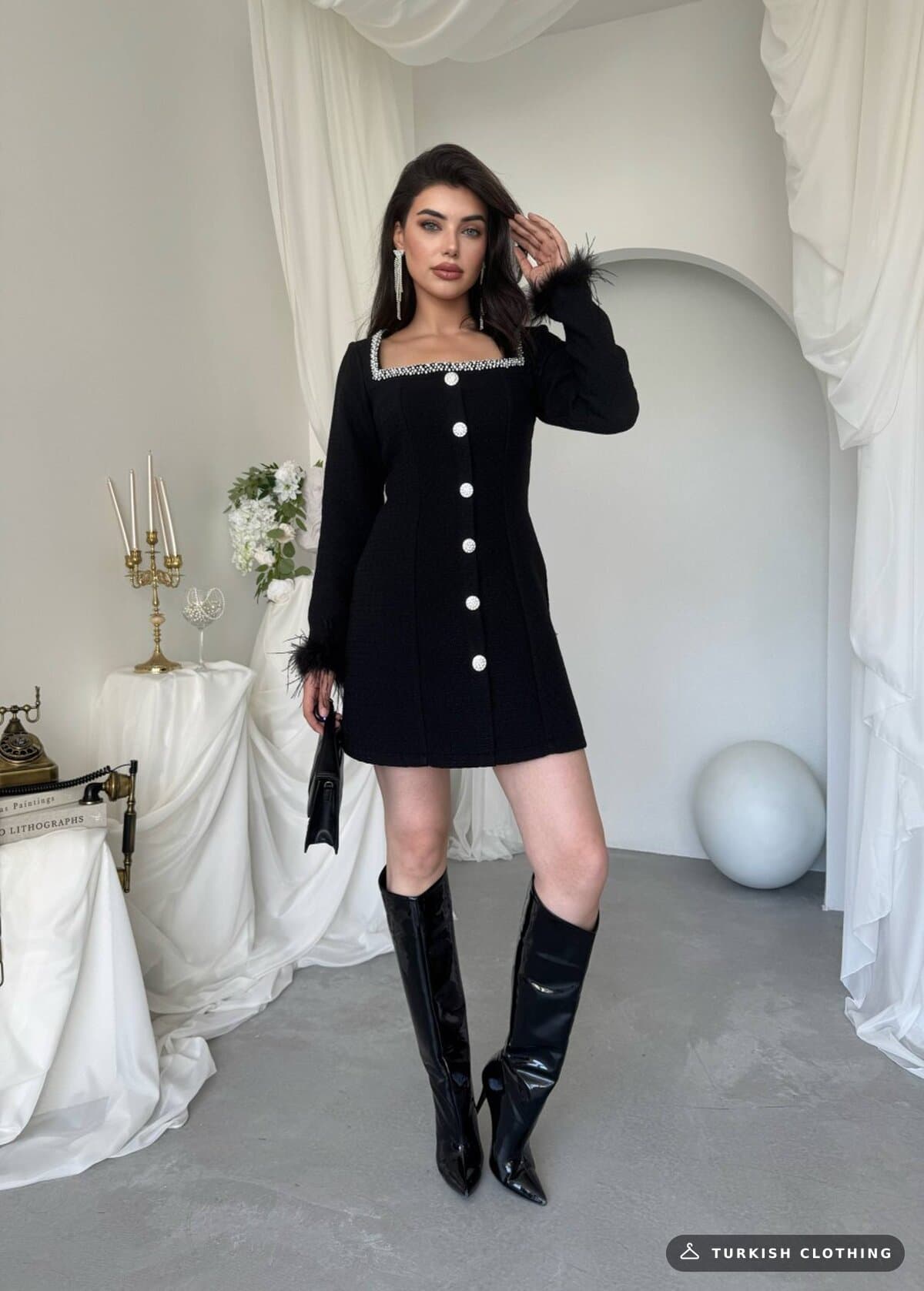 Poner Button Detailed Dress — Black in Chanel – styling detail, wholesale Women's Dresses from Türkiye
