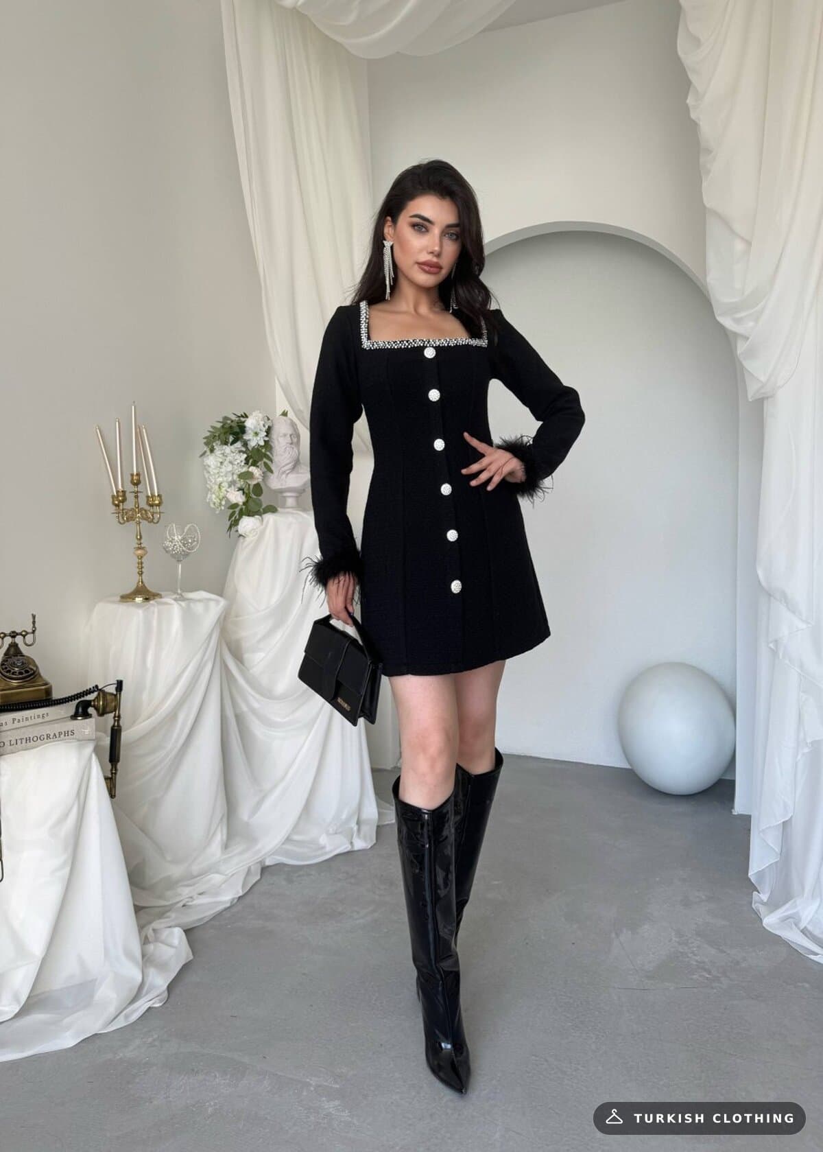 Poner Button Detailed Dress — Black in Chanel – close-up detail, wholesale Women's Dresses from Türkiye