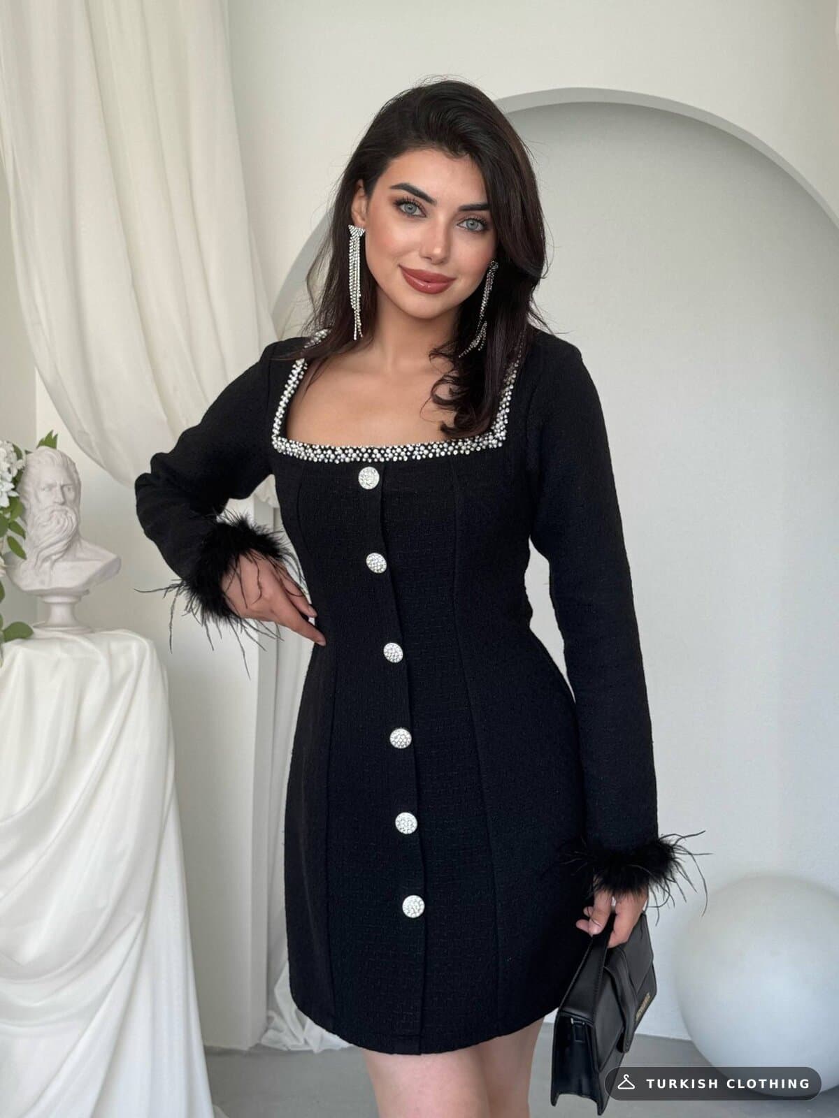Poner Button Detailed Dress — Black in Chanel – back view, wholesale Women's Dresses from Türkiye