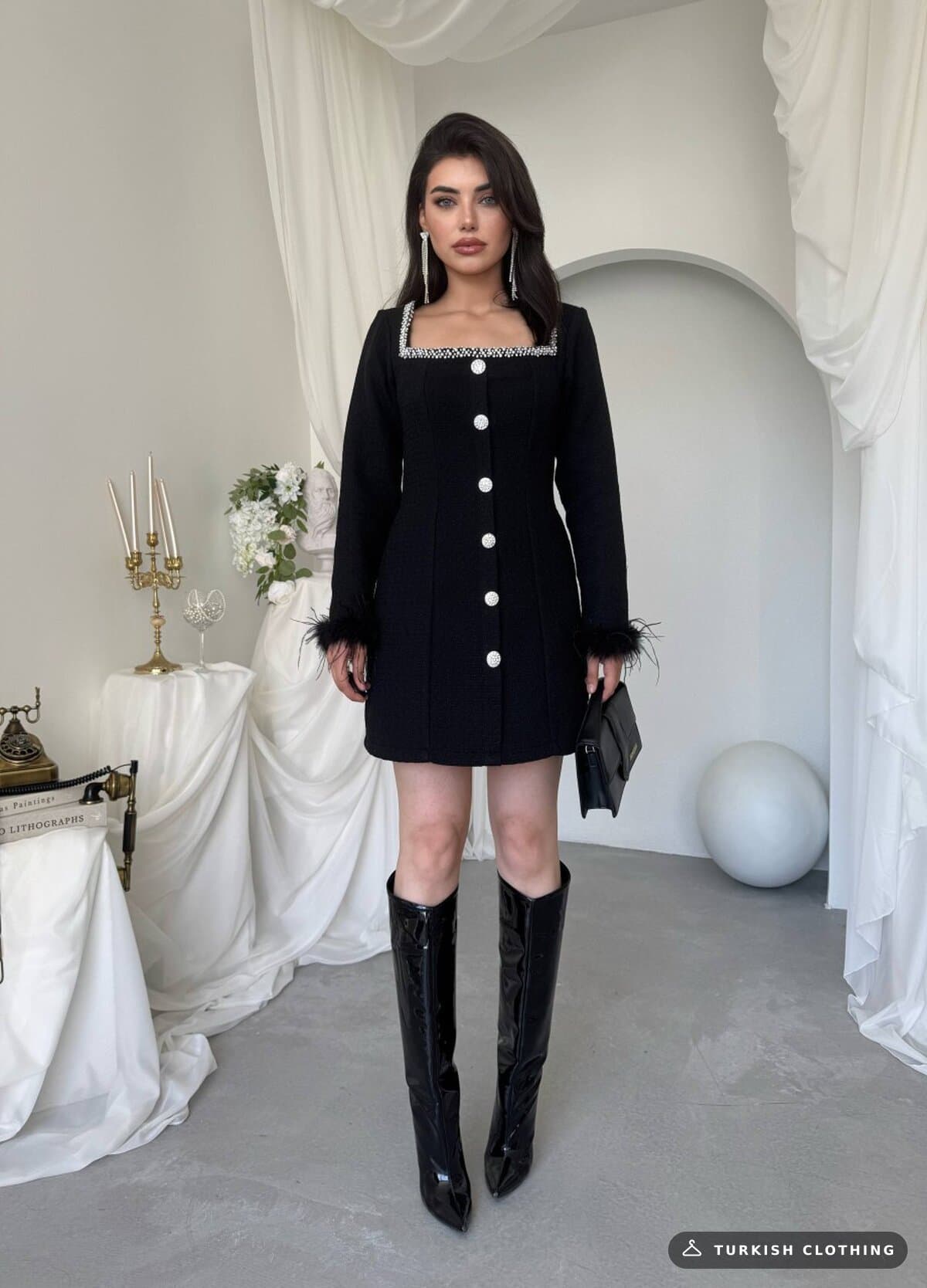 Poner Button Detailed Dress — Black in Chanel – flat lay, wholesale Women's Dresses from Türkiye