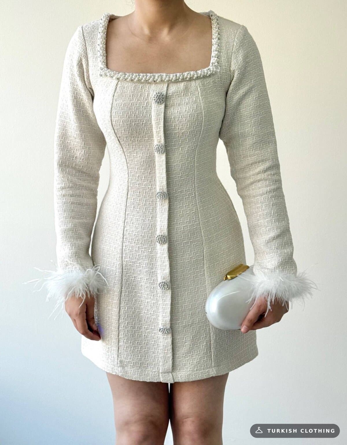 Poner Button Detailed Dress — Ecru in Chanel – full-length view, wholesale Women's Dresses from Türkiye