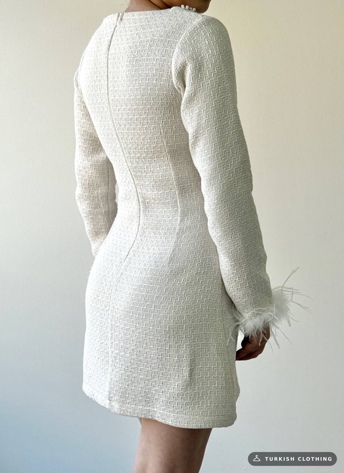Poner Button Detailed Dress — Ecru in Chanel – side view, wholesale Women's Dresses from Türkiye