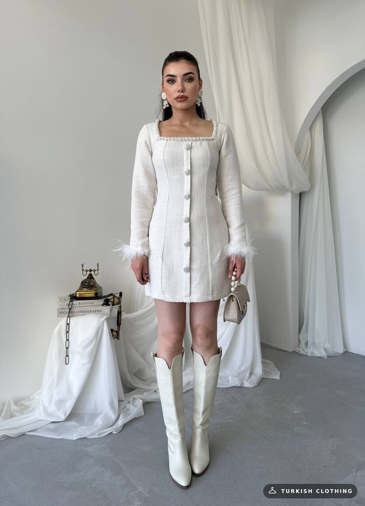Poner Button Detailed Dress — Ecru in Chanel – styling detail, wholesale Women's Dresses from Türkiye