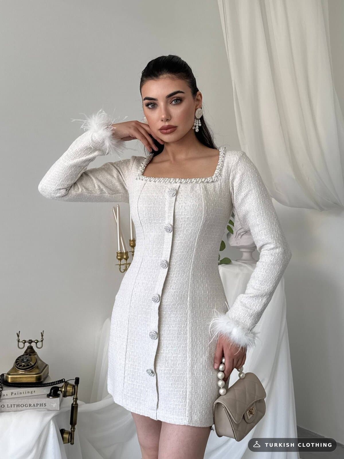 Poner Button Detailed Dress — Ecru in Chanel – fabric detail, wholesale Women's Dresses from Türkiye
