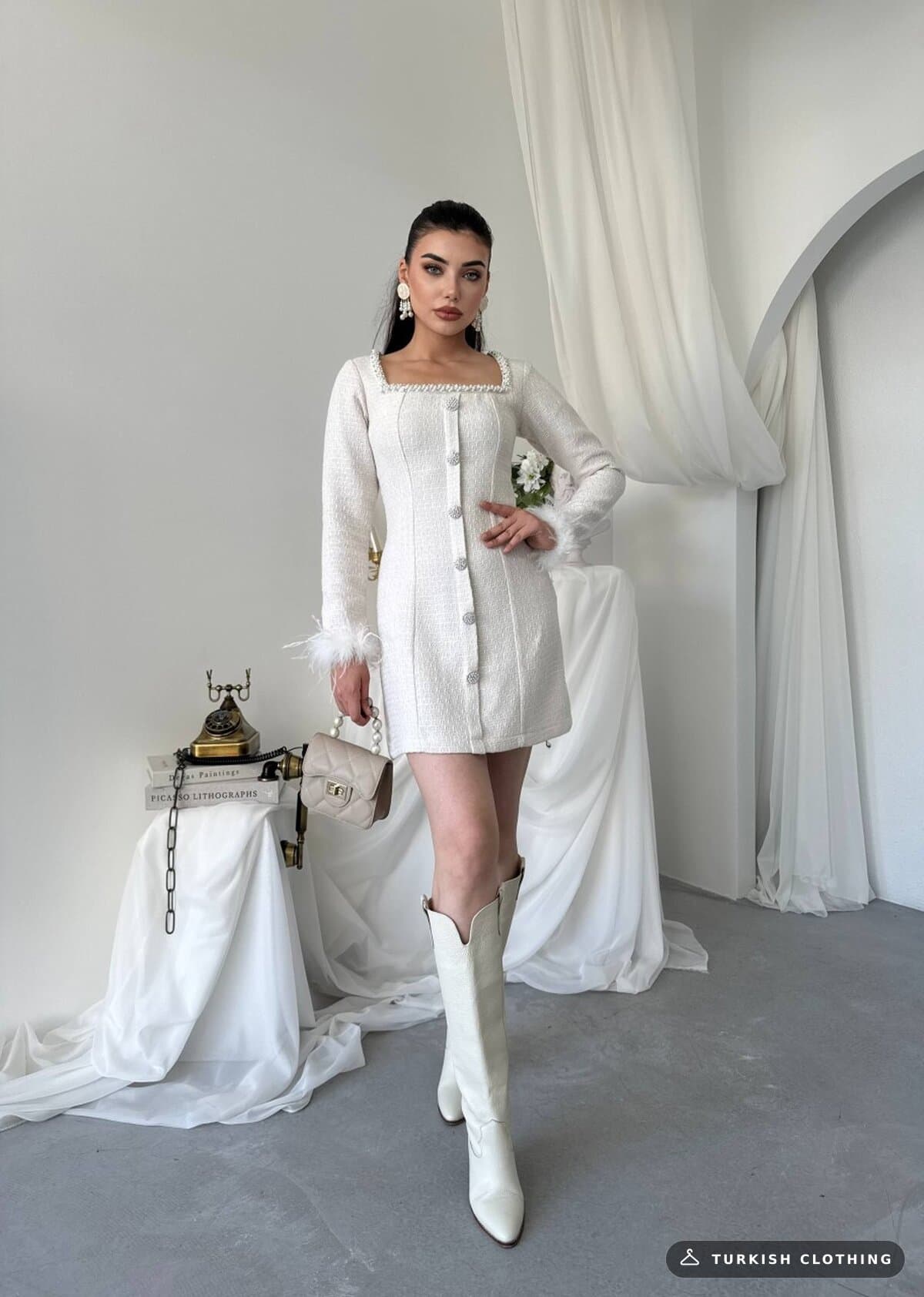 Poner Button Detailed Dress — Ecru in Chanel – close-up detail, wholesale Women's Dresses from Türkiye