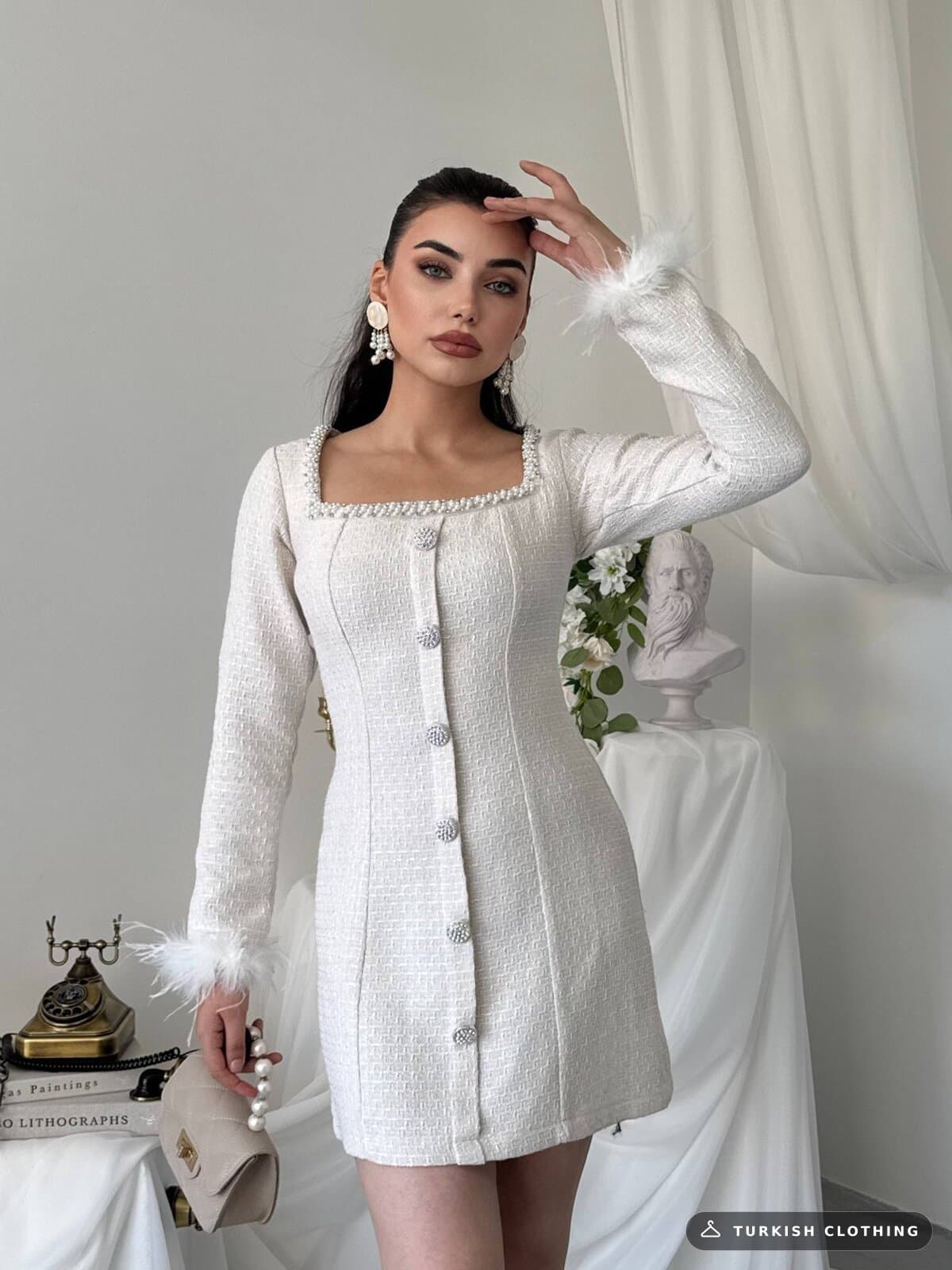 Poner Button Detailed Dress — Ecru in Chanel – back view, wholesale Women's Dresses from Türkiye