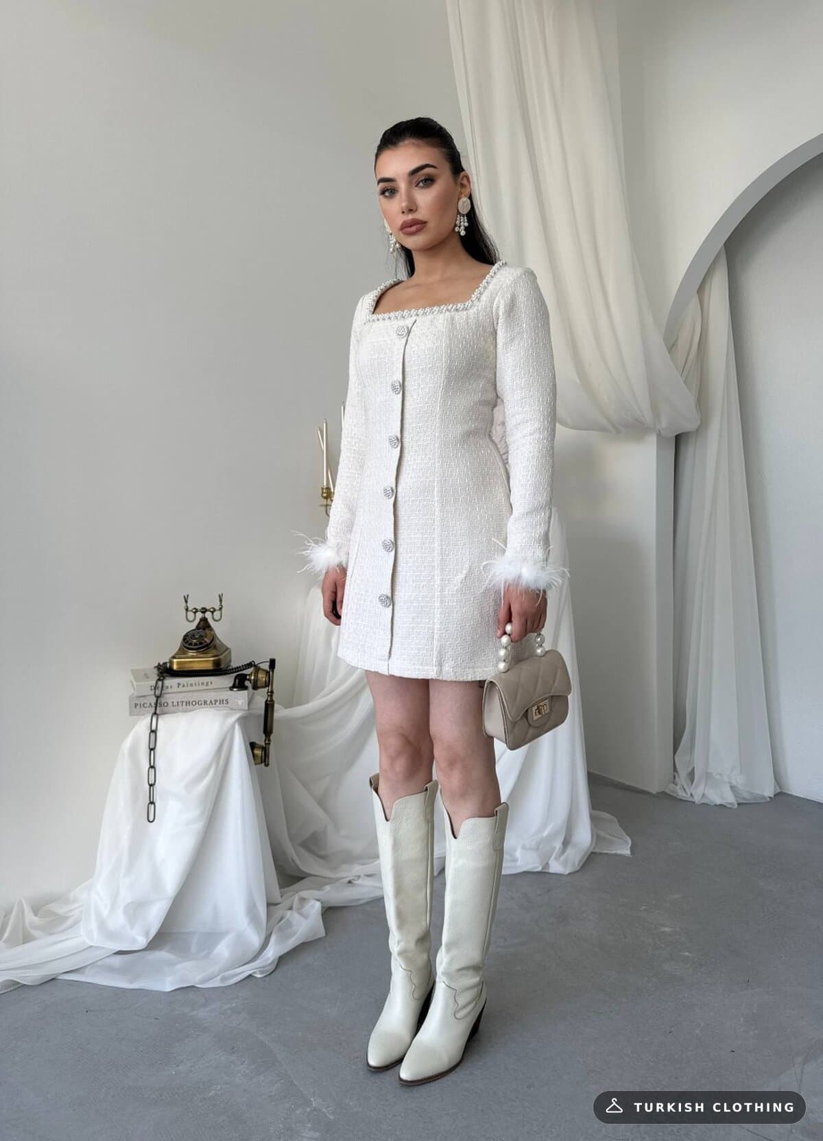 Poner Button Detailed Dress — Ecru in Chanel – flat lay, wholesale Women's Dresses from Türkiye