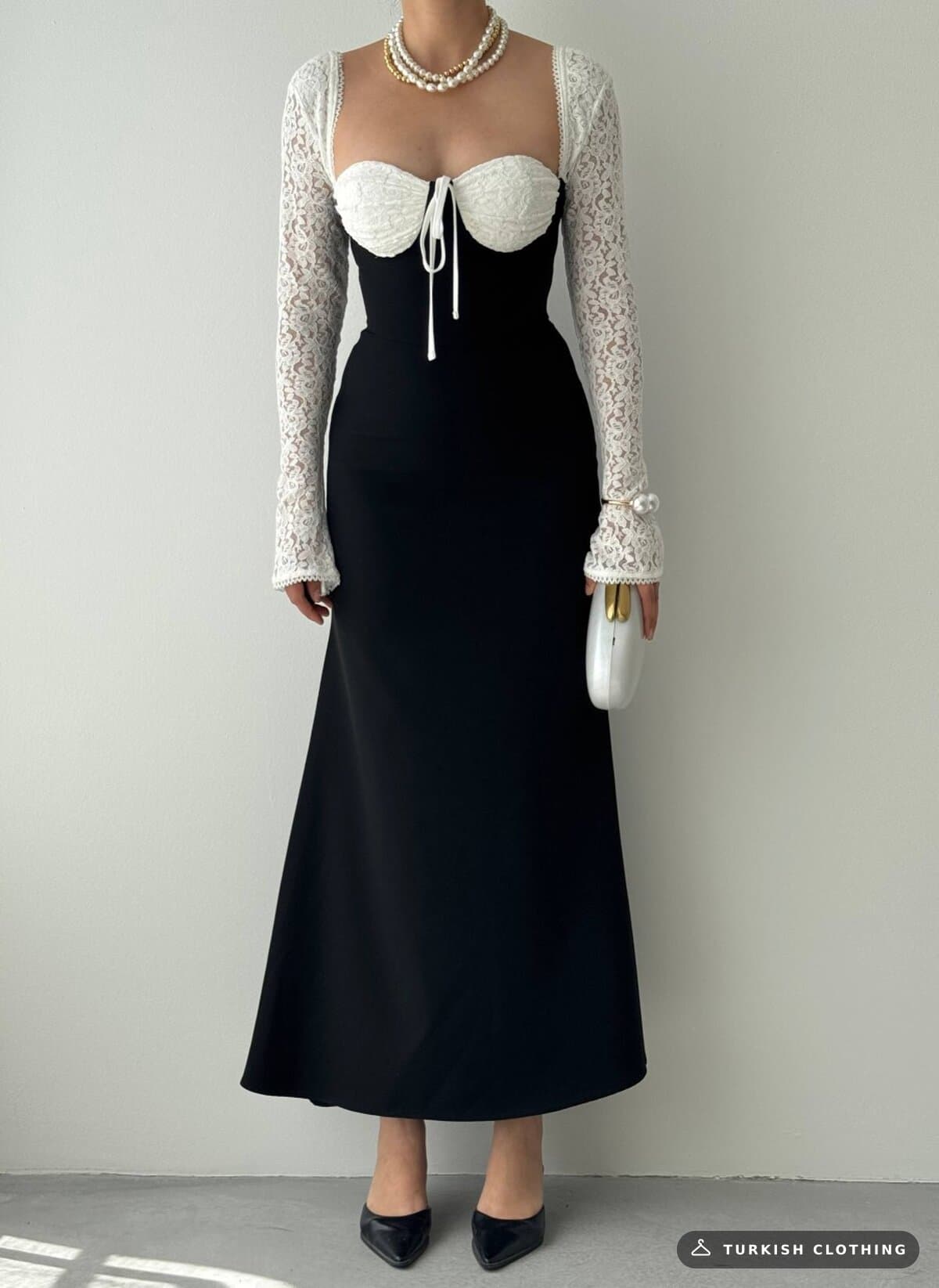 Retas Midi Dress — Black in Satin - lace – fabric detail, wholesale Women's Dresses from Türkiye