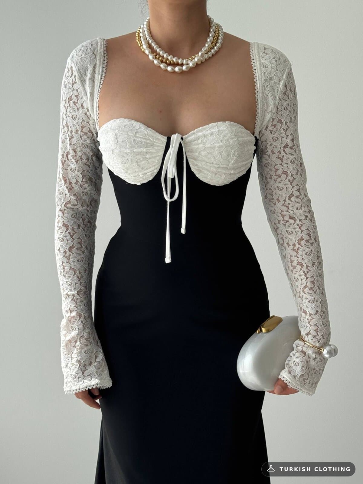 Retas Midi Dress — Black in Satin - lace – full-length view, wholesale Women's Dresses from Türkiye