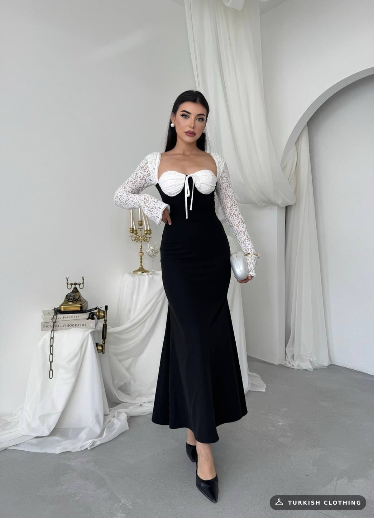 Retas Midi Dress — Black in Satin - lace – side view, wholesale Women's Dresses from Türkiye