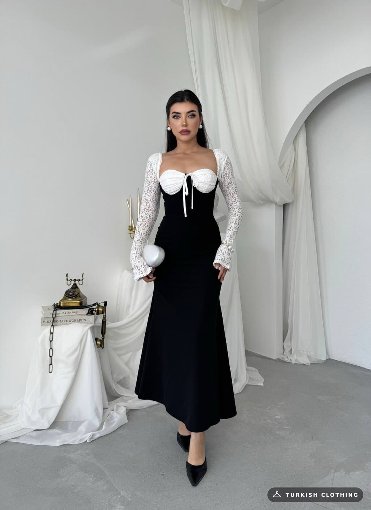 Retas Midi Dress — Black in Satin - lace – styling detail, wholesale Women's Dresses from Türkiye