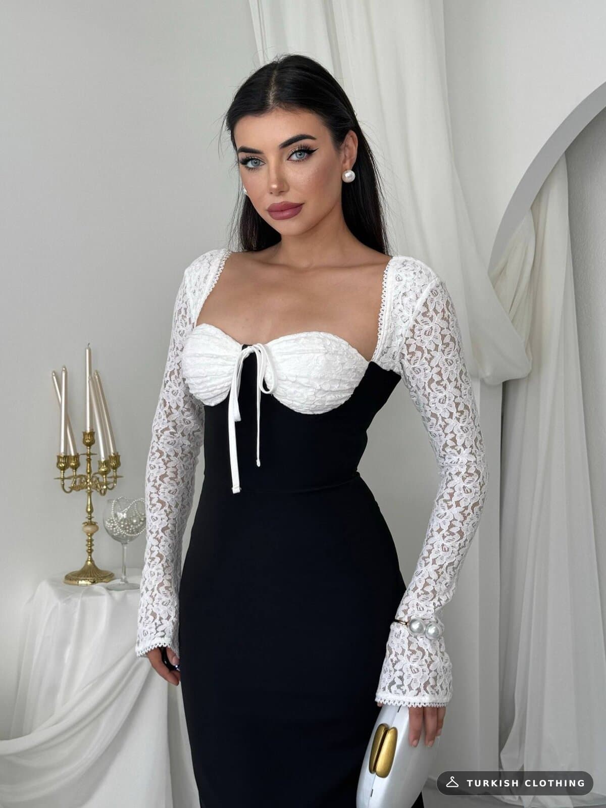 Retas Midi Dress — Black in Satin - lace – close-up detail, wholesale Women's Dresses from Türkiye