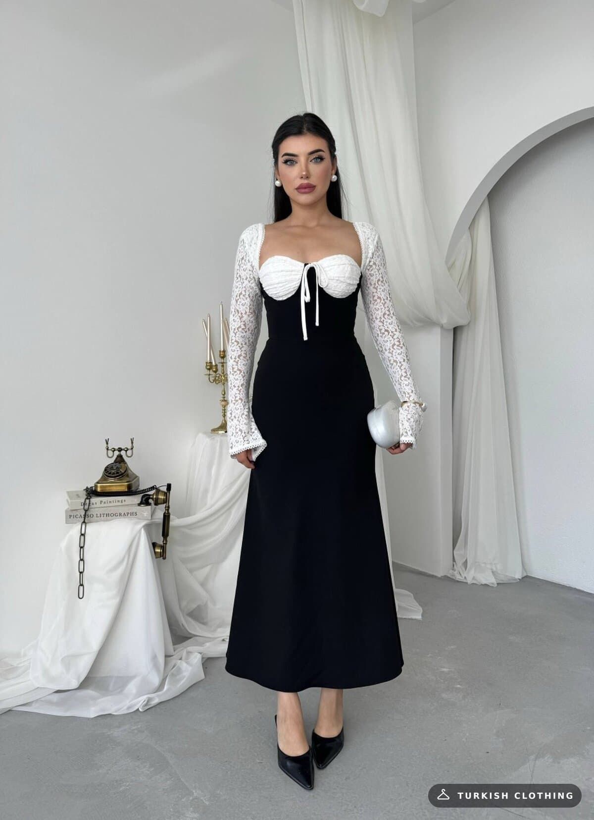 Retas Midi Dress — Black in Satin - lace – flat lay, wholesale Women's Dresses from Türkiye