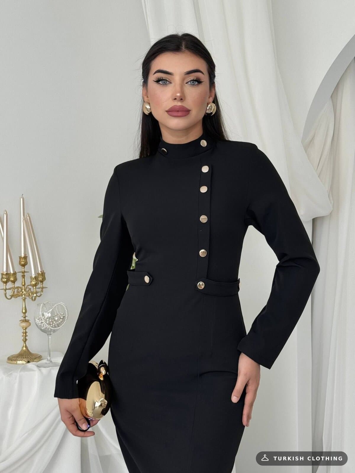 Zeas Midi Dress — Black in Satin – back view, wholesale Women's Dresses from Türkiye