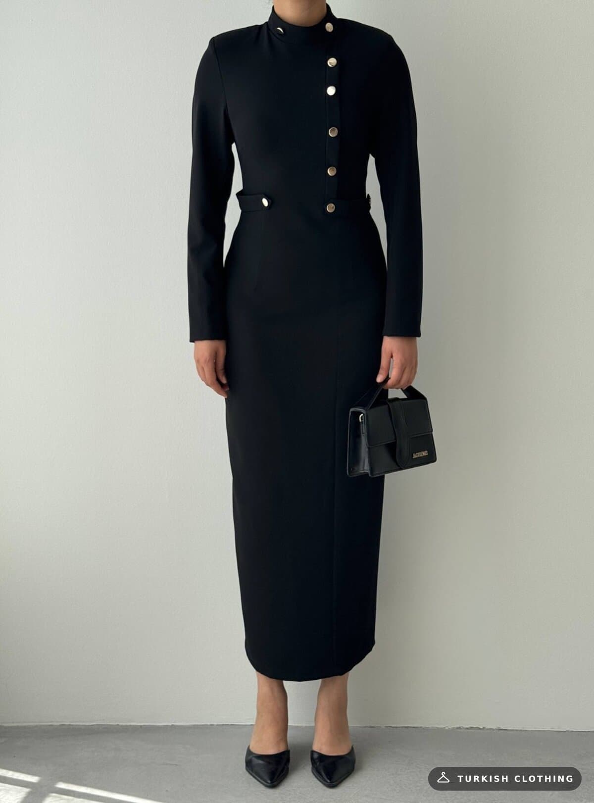 Zeas Midi Dress — Black in Satin – fabric detail, wholesale Women's Dresses from Türkiye