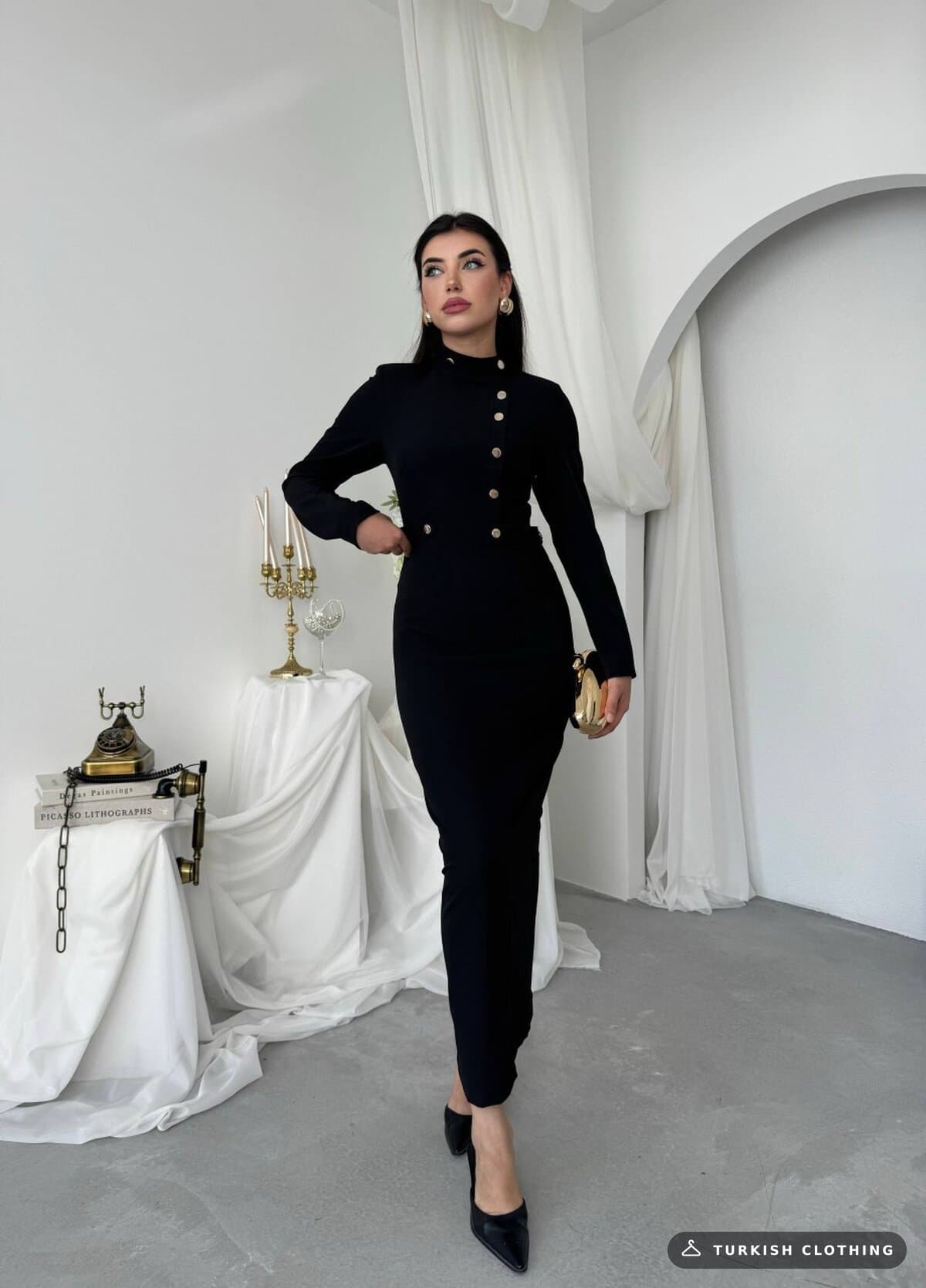 Zeas Midi Dress — Black in Satin – side view, wholesale Women's Dresses from Türkiye
