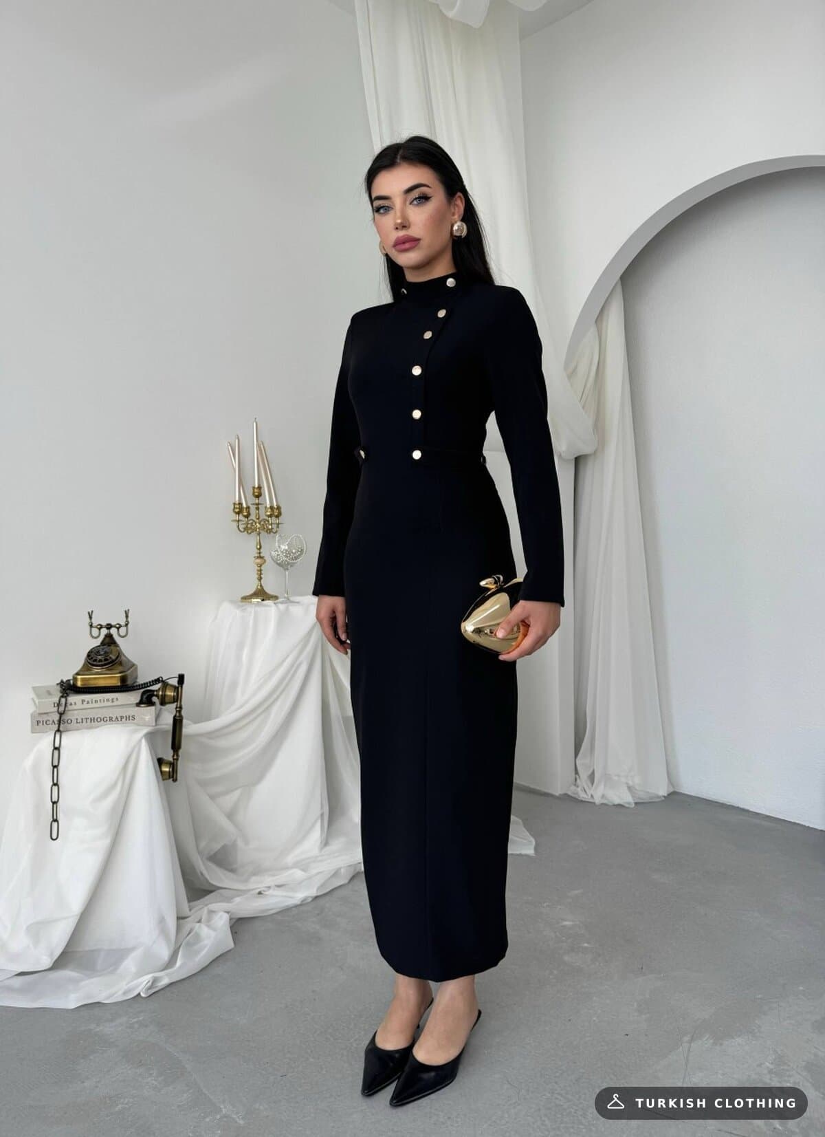 Zeas Midi Dress — Black in Satin – close-up detail, wholesale Women's Dresses from Türkiye