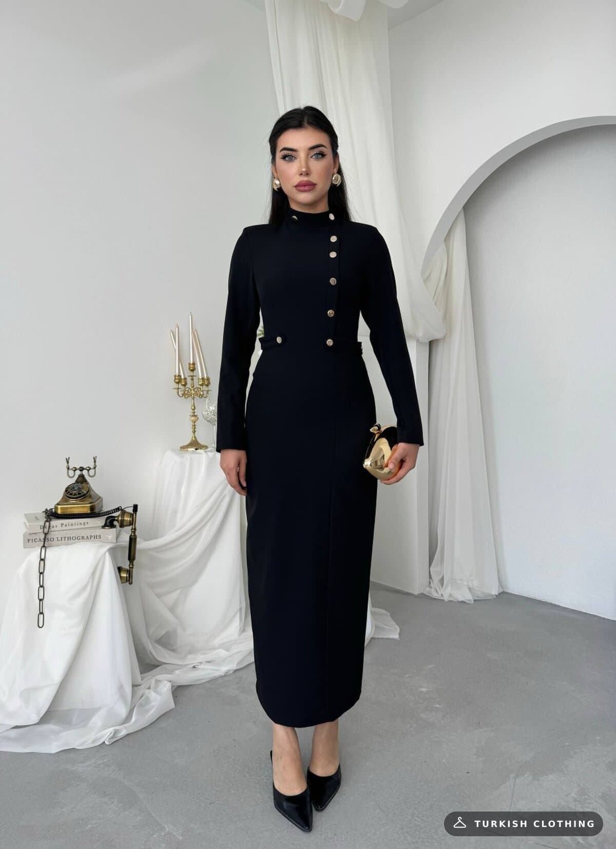 Zeas Midi Dress — Black in Satin – flat lay, wholesale Women's Dresses from Türkiye