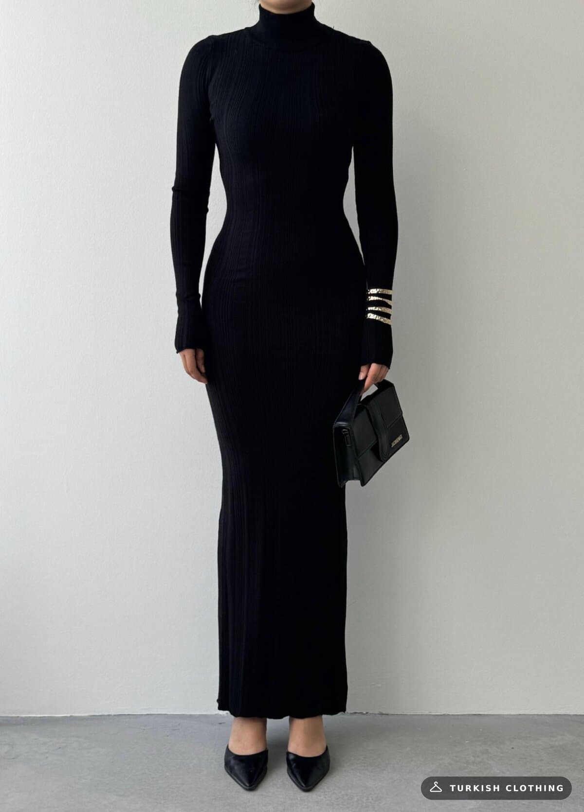 Zuzan Midi Dress — Black in Knitwear – full-length view, wholesale Women's Dresses from Türkiye