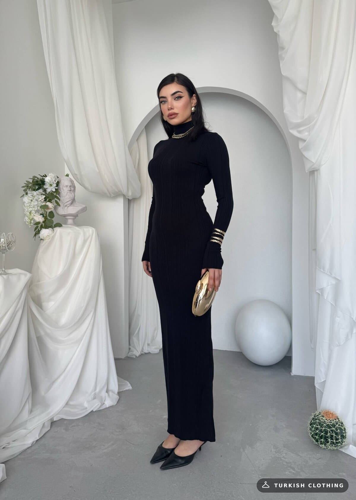 Zuzan Midi Dress — Black in Knitwear – flat lay, wholesale Women's Dresses from Türkiye