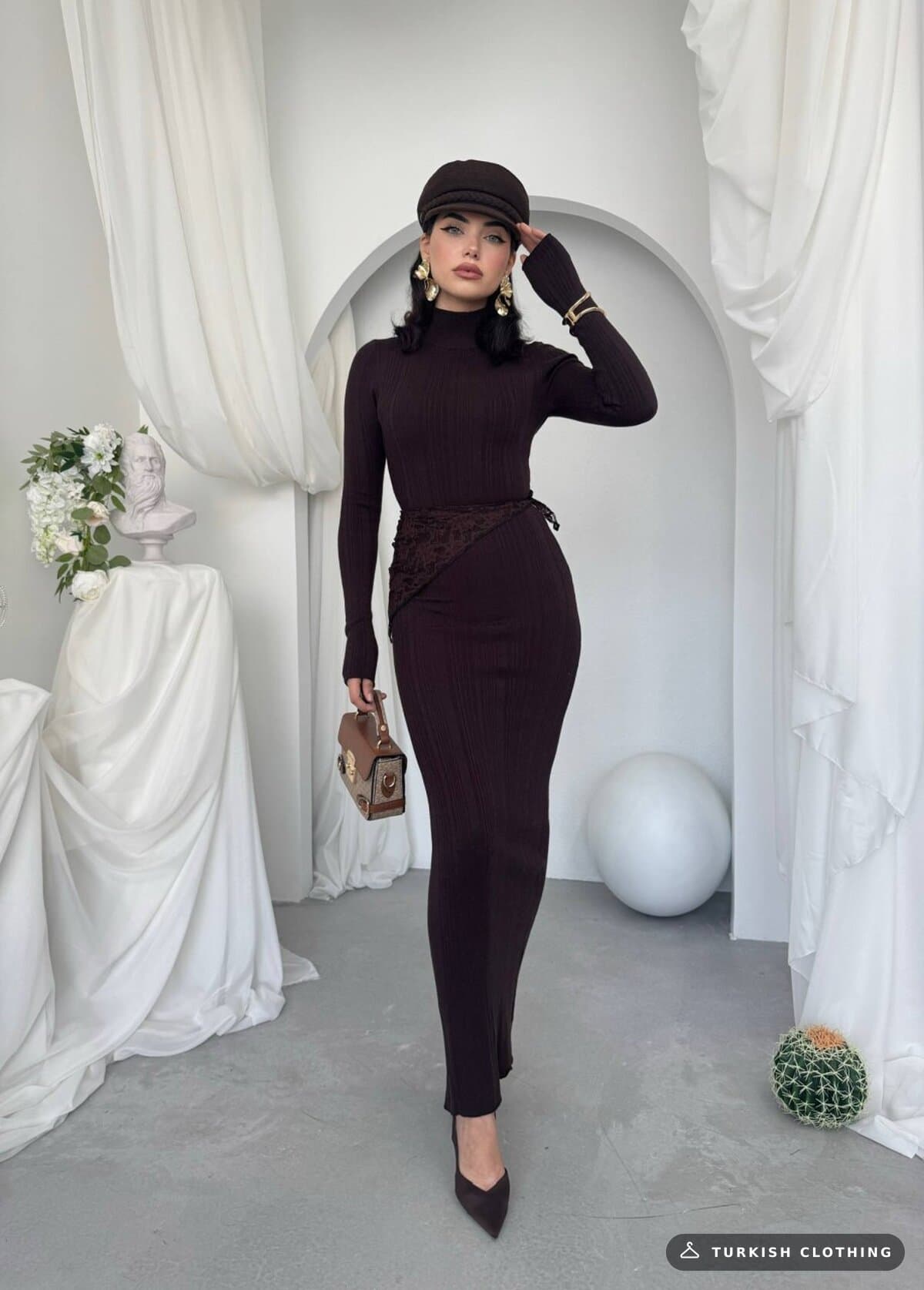 Zuzan Midi Dress — Brown in Knitwear – side view, wholesale Women's Dresses from Türkiye