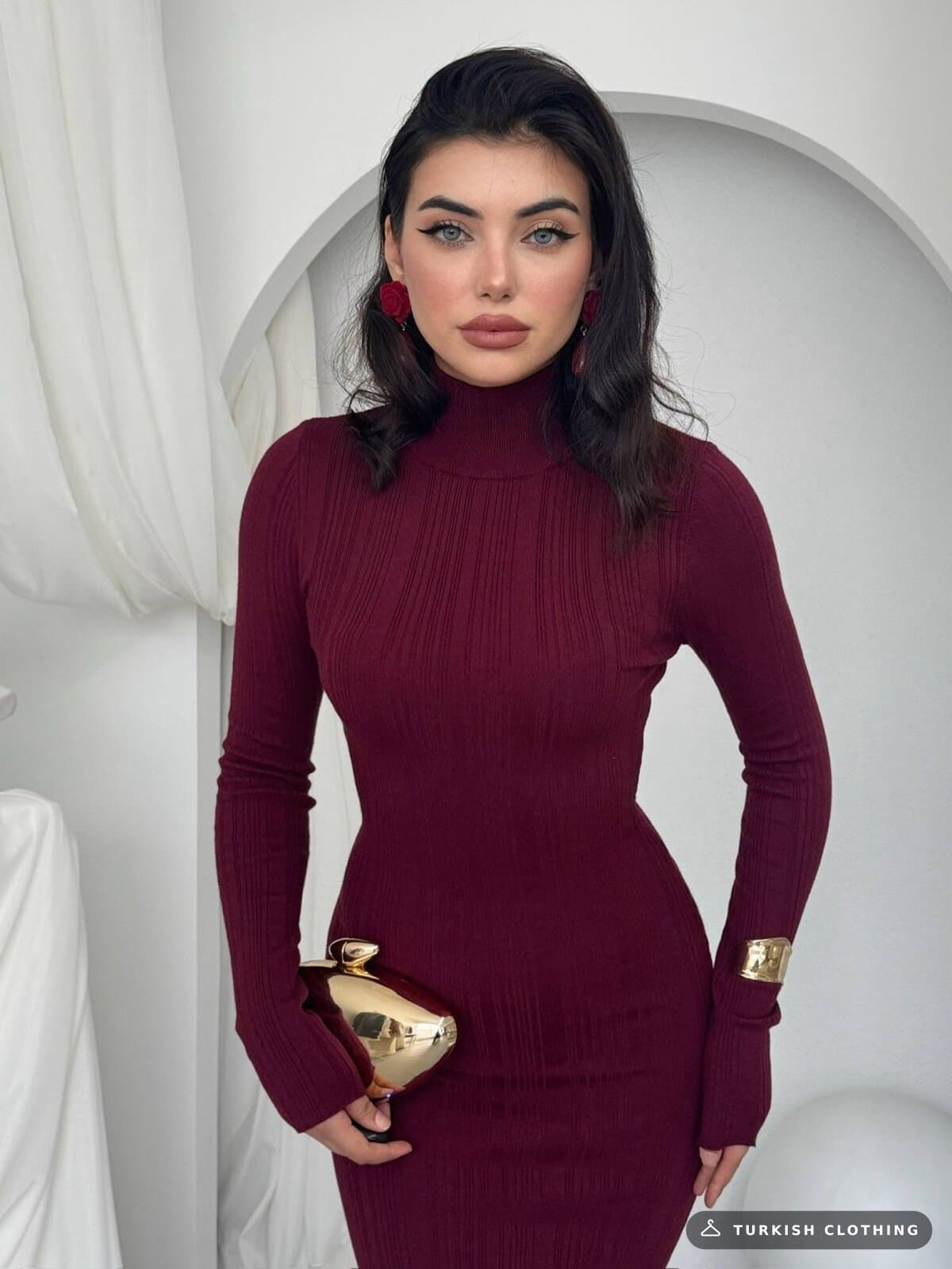 Zuzan Midi Dress — Burgundy in Knitwear – back view, wholesale Women's Dresses from Türkiye