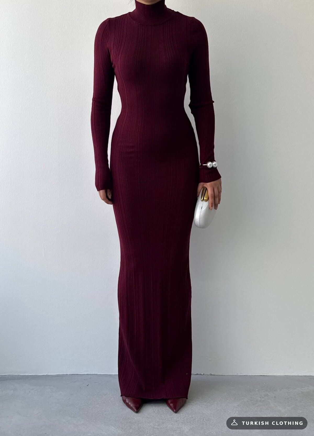 Zuzan Midi Dress — Burgundy in Knitwear – fabric detail, wholesale Women's Dresses from Türkiye