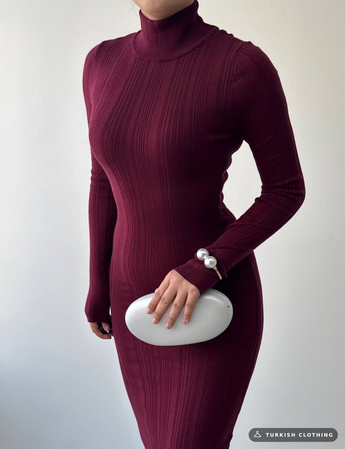 Zuzan Midi Dress — Burgundy in Knitwear – full-length view, wholesale Women's Dresses from Türkiye