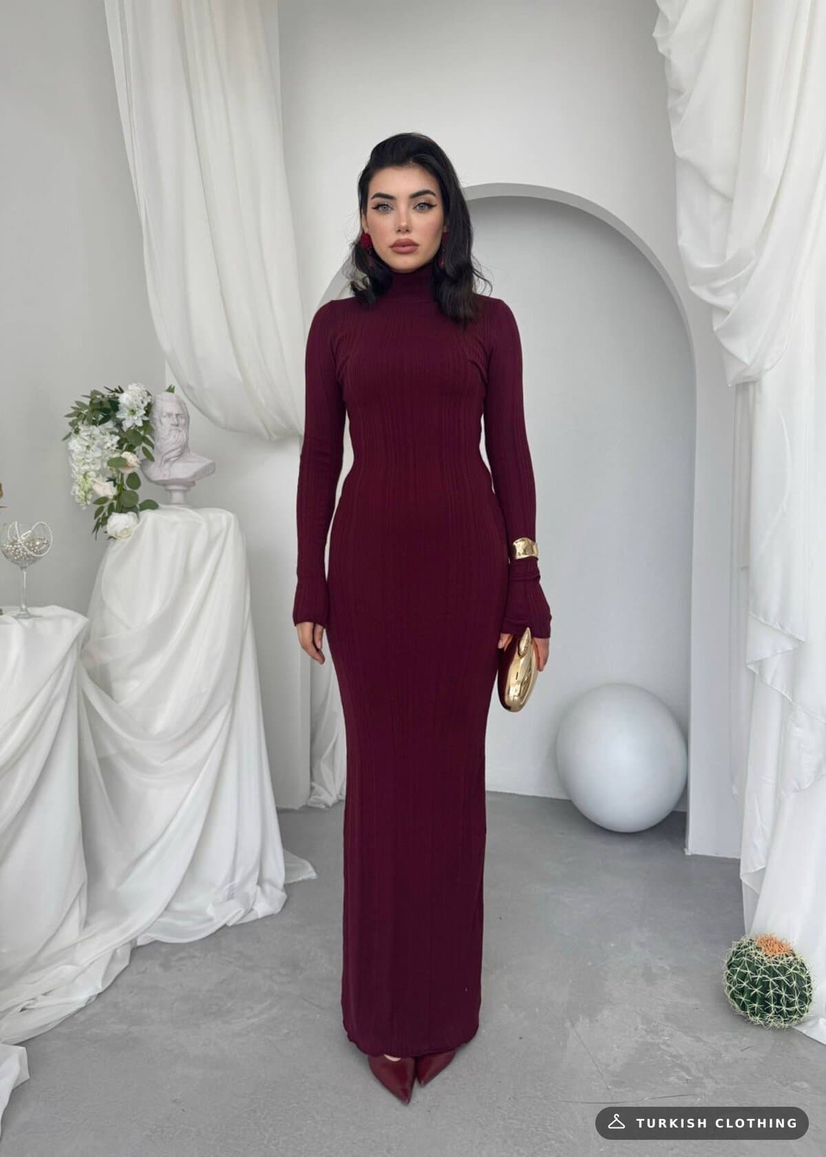 Zuzan Midi Dress — Burgundy in Knitwear – side view, wholesale Women's Dresses from Türkiye