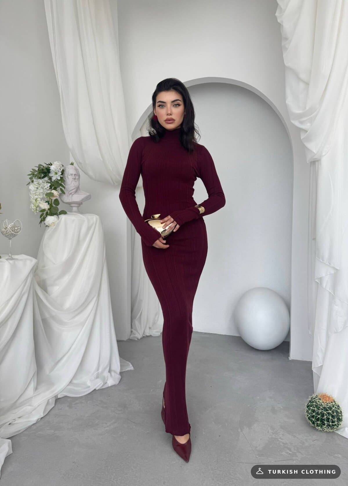 Zuzan Midi Dress — Burgundy in Knitwear – flat lay, wholesale Women's Dresses from Türkiye