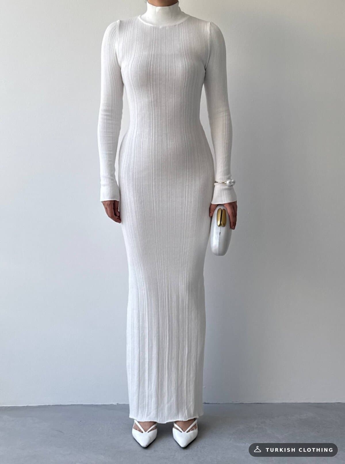 Zuzan Midi Dress — White in Knitwear – fabric detail, wholesale Women's Dresses from Türkiye