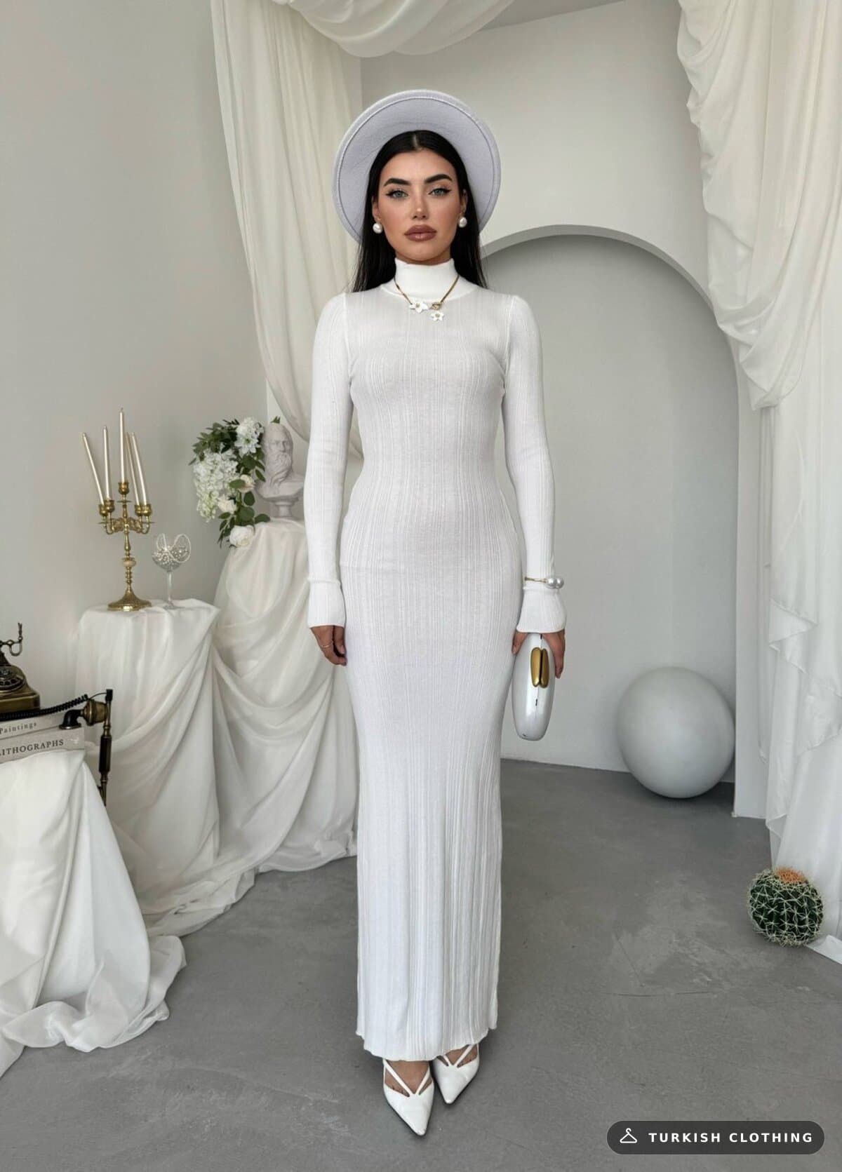 Zuzan Midi Dress — White in Knitwear – side view, wholesale Women's Dresses from Türkiye