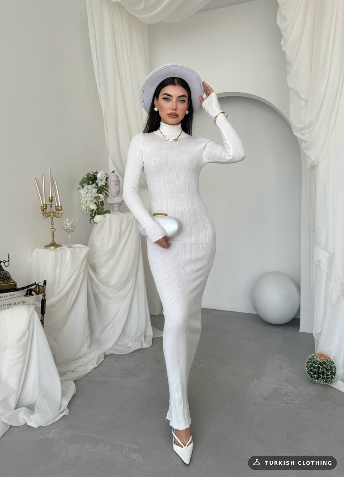 Zuzan Midi Dress — White in Knitwear – styling detail, wholesale Women's Dresses from Türkiye