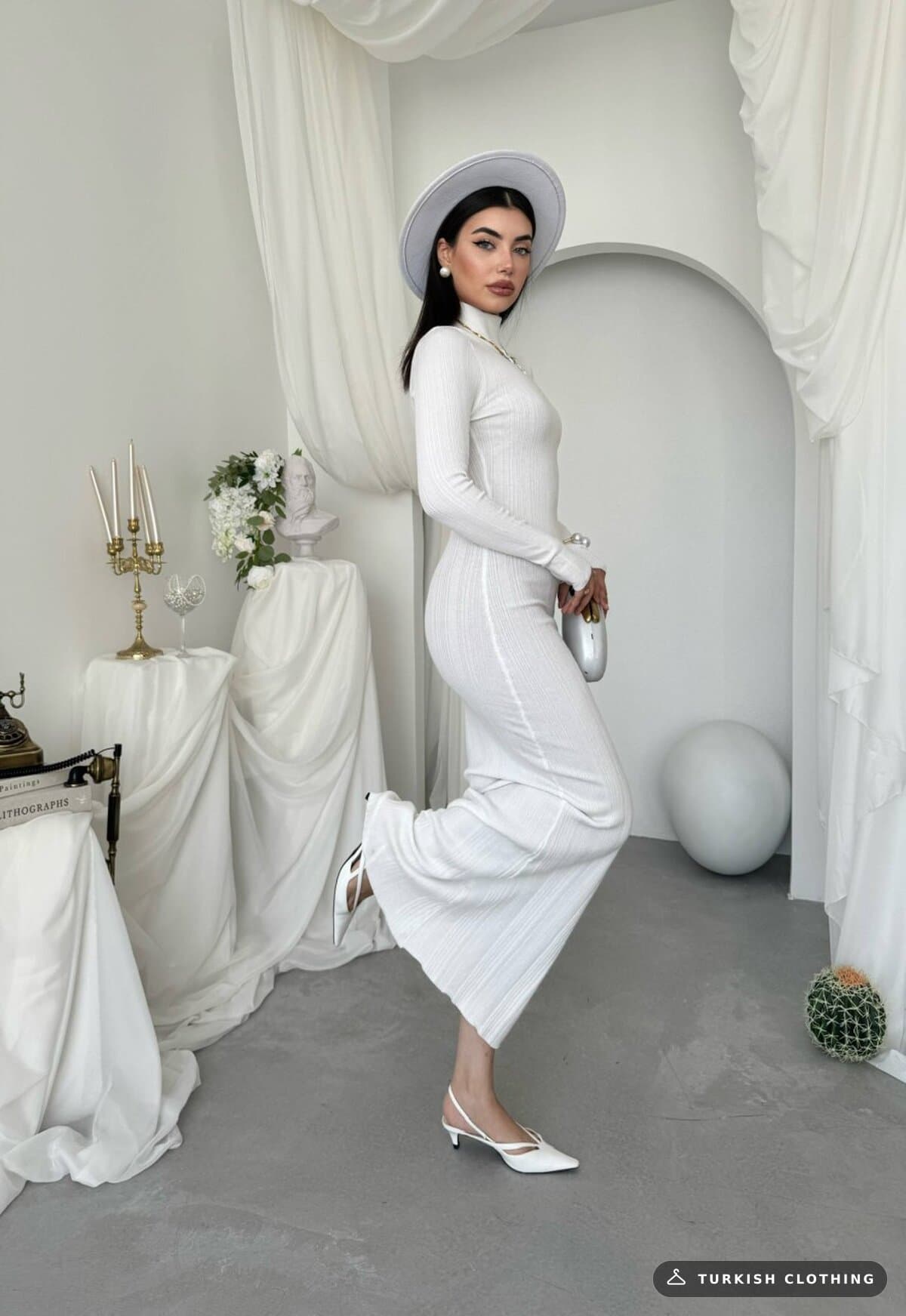 Zuzan Midi Dress — White in Knitwear – flat lay, wholesale Women's Dresses from Türkiye